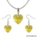 Parure boucles d'oreilles pendantes et collier à pendentif cœurs ambre en verre
