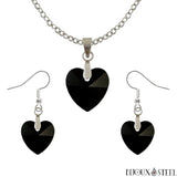 Parure boucles d'oreilles pendantes et collier à pendentif cœurs noirs en verre