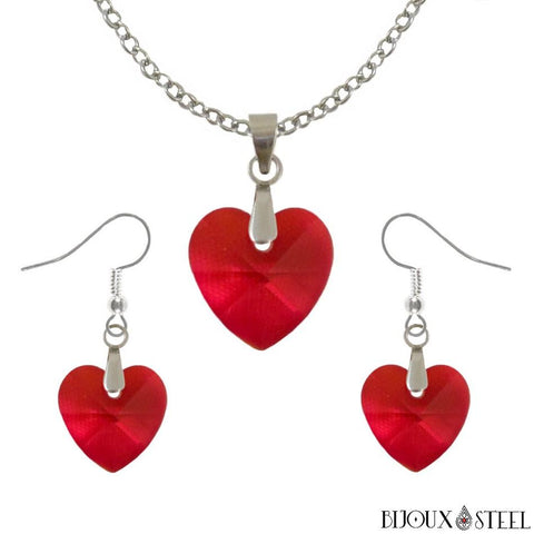 Parure boucles d'oreilles pendantes et collier à pendentif cœurs rouges en verre