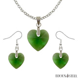 Parure boucles d'oreilles pendantes et collier à pendentif cœurs verts en verre