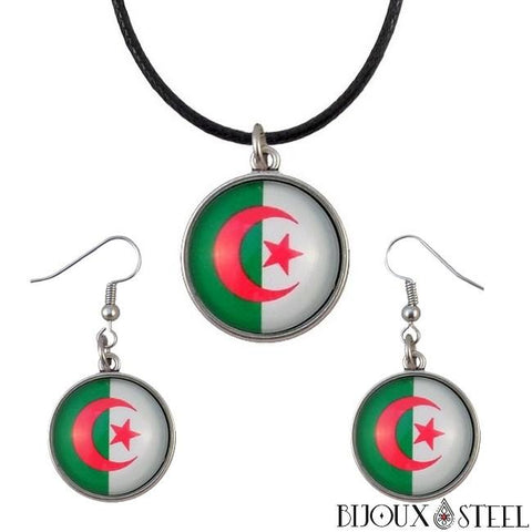 Parure boucles d'oreilles pendantes et collier à drapeau de l'Algérie