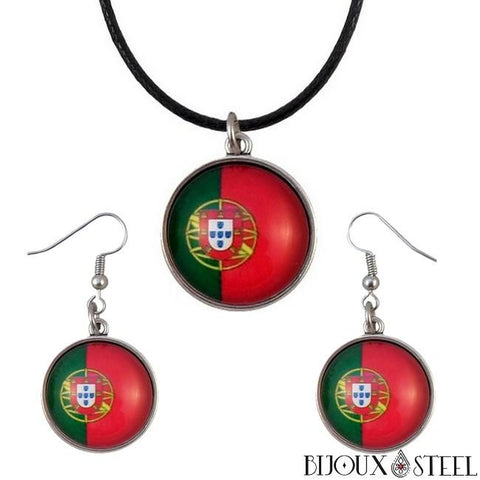 Parure boucles d'oreilles pendantes et collier à pendentif drapeau du Portugal