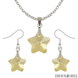 Parure boucles d'oreilles pendantes et collier à pendentif étoiles citrine claire en verre et argentée