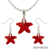 Parure boucles d'oreilles pendantes et colliers à pendentifs étoiles de mer rouges en verre