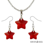 Parure boucles d'oreilles pendantes et collier à pendentif étoiles rouges en verre et argentée