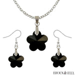 Parure boucles d'oreilles pendantes et collier à pendentif fleurs noires en verre