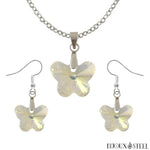 Parure boucles d'oreilles pendantes et collier à pendentif papillons blanc cristal en verre