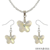 Parure boucles d'oreilles pendantes et collier à pendentif papillons blanc cristal en verre