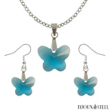 Parure boucles d'oreilles pendantes et collier à pendentif papillons bleu turquoise en verre