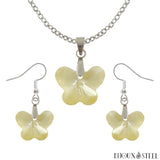 Parure boucles d'oreilles pendantes et collier à pendentif papillons citrine claire en verre