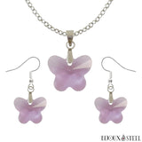Parure boucles d'oreilles pendantes et collier à pendentif papillons lilas en verre