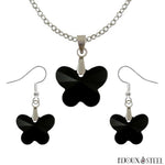 Parure boucles d'oreilles pendantes et collier à pendentif papillons noirs en verre