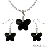 Parure boucles d'oreilles pendantes et collier à pendentif papillons noirs en verre