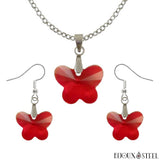 Parure boucles d'oreilles pendantes et collier à pendentif papillons rouges en verre