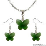 Parure boucles d'oreilles pendantes et collier à pendentif papillons verts en verre