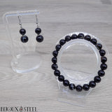 Parure bracelet 8mm et boucles d'oreilles argentées en perles d'agate noire à rayures ou onyx noir en pierre naturelle