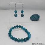 Parure bracelet et boucles d'oreilles pendantes en perles naturelles d'apatite bleue