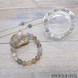 Parure bracelet en perles 10mm, bracelet et boucles d'oreilles dorées en agate grise pierre naturelle et acier inoxydable