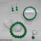 Parure bracelet perles de jade de Malaisie 10mm avec boucles d'oreilles et bagues en perles de jade de Malaisie et acier inoxydable