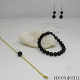 Parure à bracelets et boucles d'oreilles pendantes à perles d'onyx noir pierre naturelle
