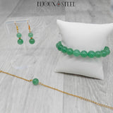 Parure dorée bracelets et boucles d'oreilles en perles d'aventurine verte pierre naturelle et acier inoxydable