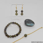 Parure dorée bracelet à perle unique de labradorite, bracelet en perles de labradorite 8mm et boucles d'oreilles pendantes dorées en acier et labradorite