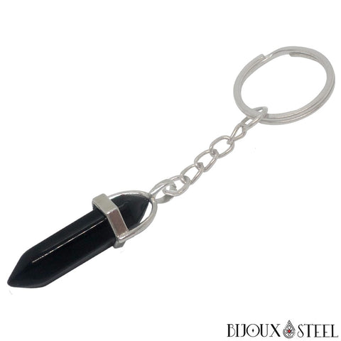 Porte-clés à chaîne argentée et sa pierre de protection hexagonale d'obsidienne noire