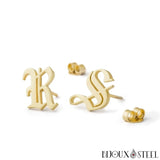 Boucles d'oreilles dorées initiales lettres r et s en ancien anglais en acier chirurgical